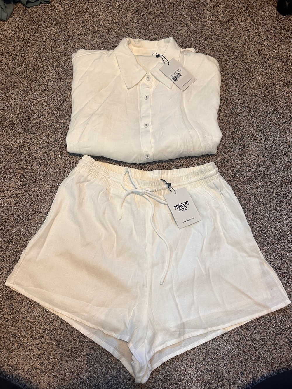 Princess Polly White Button-Front Shirt and Drawstring Shorts Set size 8